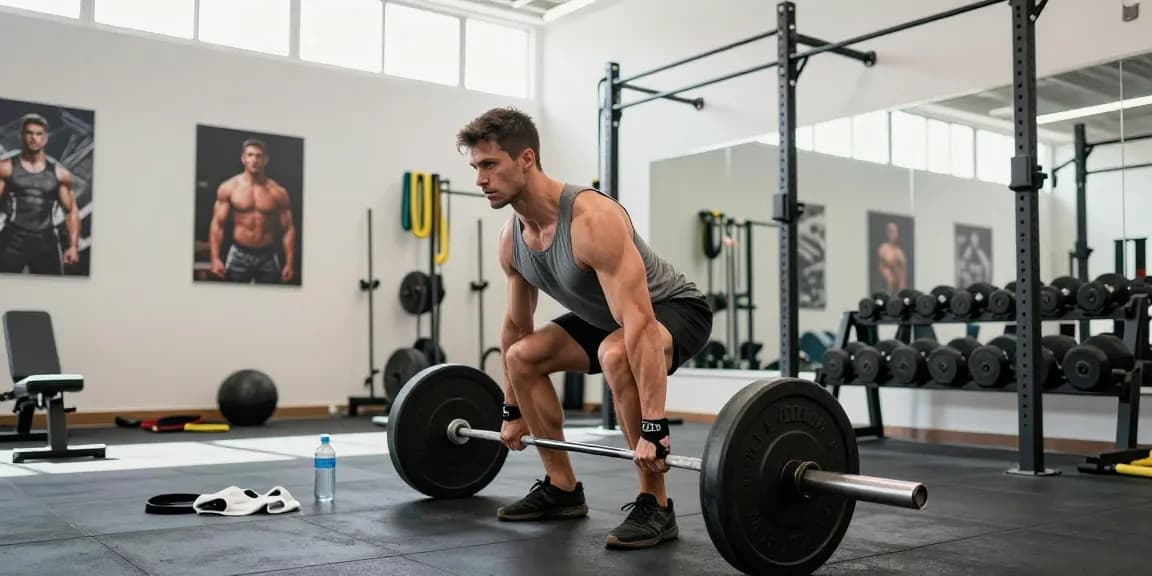 Prime Pharma Steroïden fitness training met een man die deadlifts uitvoert in een moderne gymomgeving.