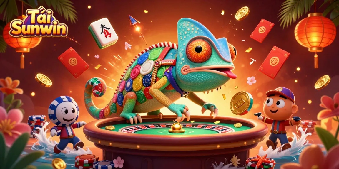 Engage in vibrant action at Tải Sunwin with a stunning chameleon casino owner amidst dynamic gambling elements.