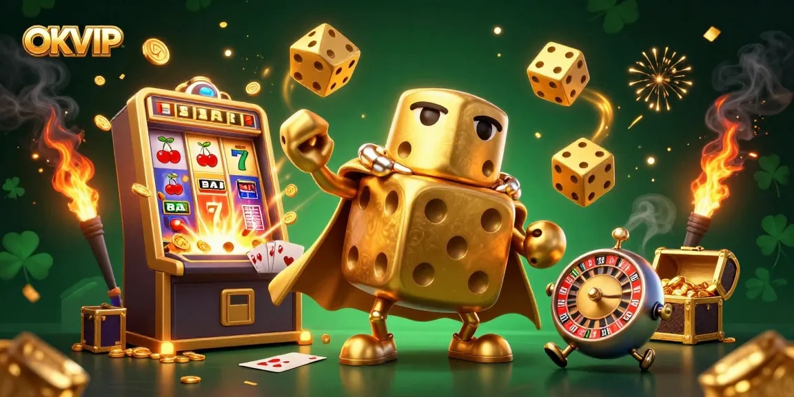 Experience the thrill at OKVIP with a vibrant 3D casino scene full of golden dice, slot machines, and endless excitement.