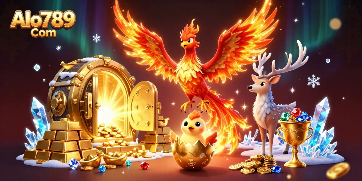 Engage in gaming excitement with Alo789 Com as a fiery phoenix rises amidst golden treasures.