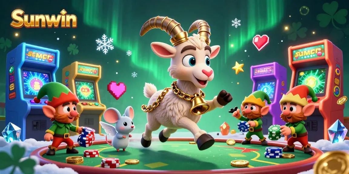 Experience the thrill of Sunwin with a vibrant 3D scene featuring whimsical characters and dynamic gaming elements.