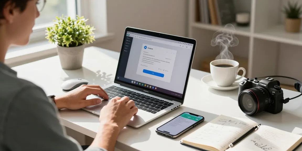 Download Telegram on a vibrant home office setup with modern tech and productive atmosphere.