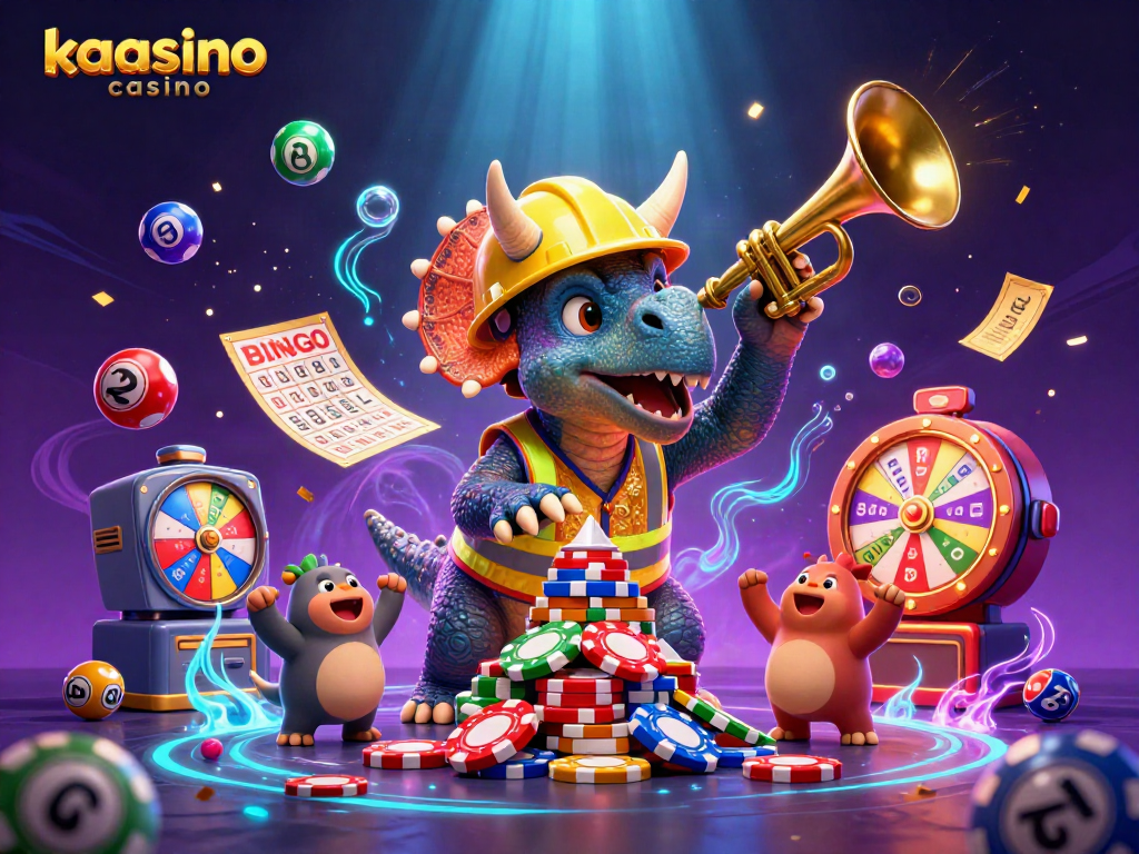 Kaasino casino features a triceratops building a poker chip pyramid amid energetic gaming elements.