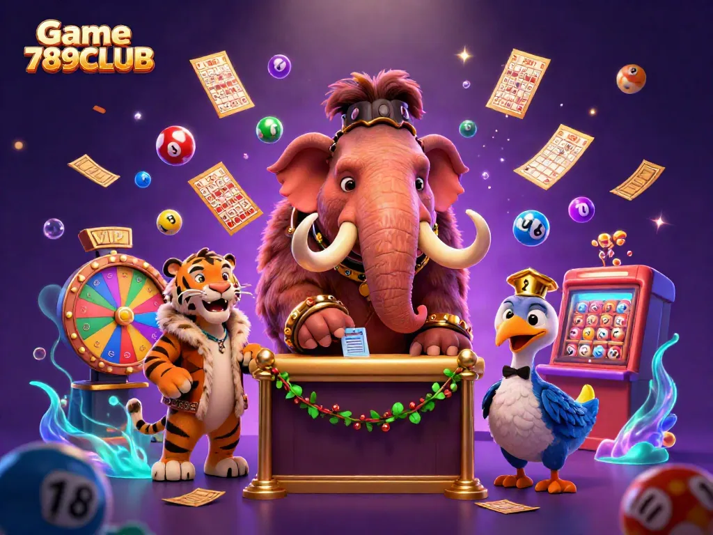 Experience Game 789CLUB with a whimsical 3D illustration featuring vibrant casino characters and gaming elements.
