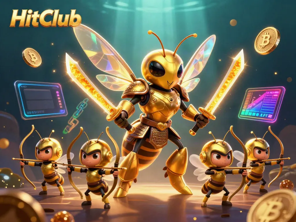 HitClub's golden hornet mascot ignites excitement in a vibrant casino-themed scene filled with crypto elements and energy.