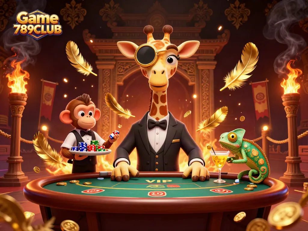 Engage with Game 789CLUB, featuring a high-roller giraffe, monkey valet, and chameleon bartender in a vibrant casino scene.