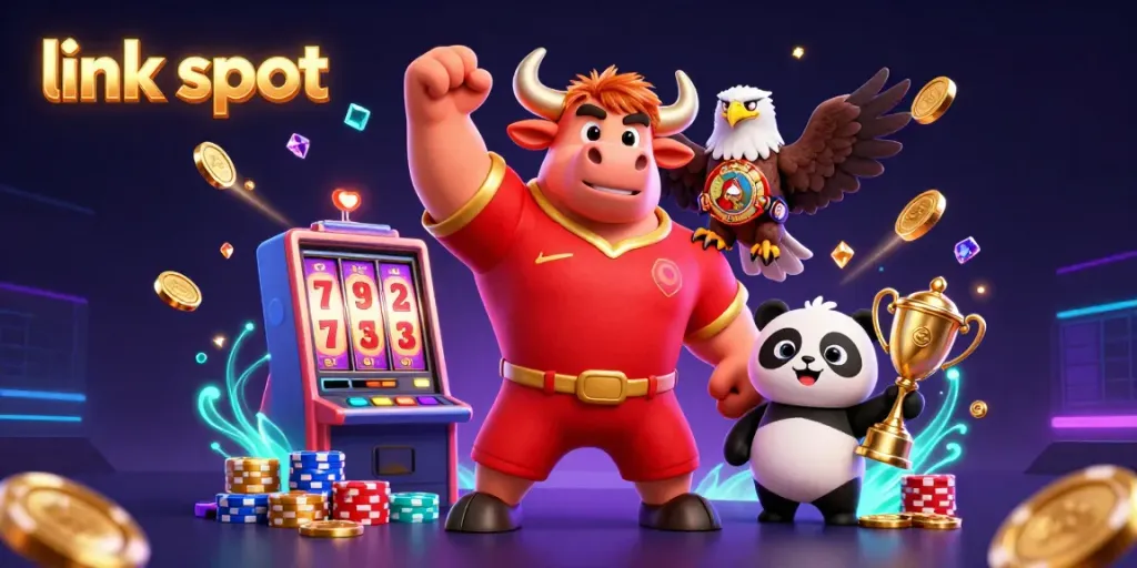 Experience the thrill of winning with link slot, featuring a victorious bull, eagle, and panda amidst grand casino elements.