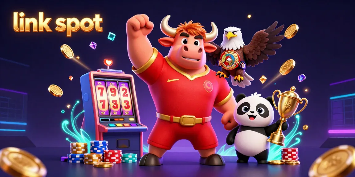 Experience the thrill of winning with link slot, featuring a victorious bull, eagle, and panda amidst grand casino elements.