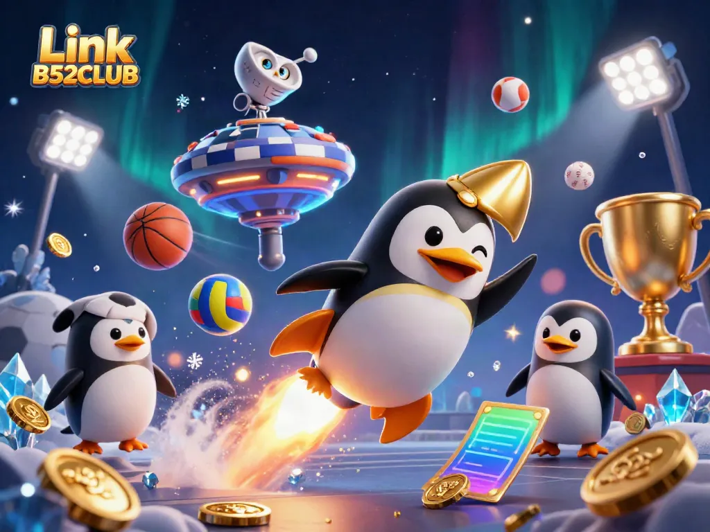 Experience thrilling gameplay with Link B52CLUB, highlighted by a golden penguin and dynamic sports elements.