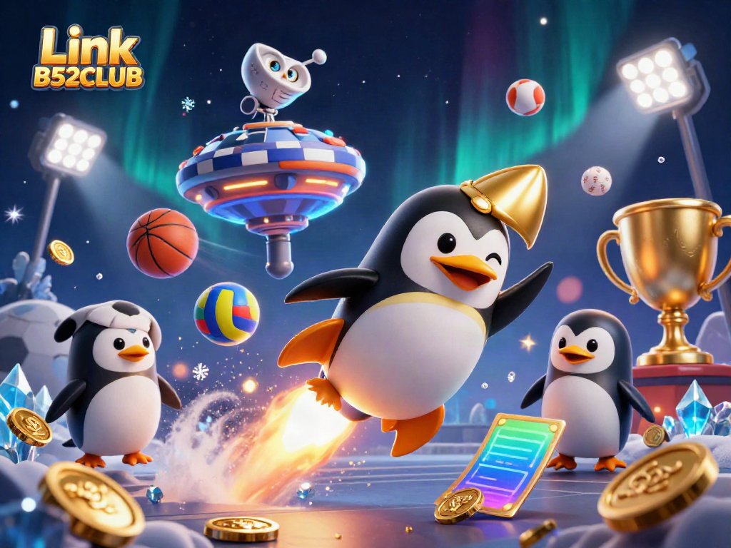 Experience thrilling gameplay with Link B52CLUB, highlighted by a golden penguin and dynamic sports elements.