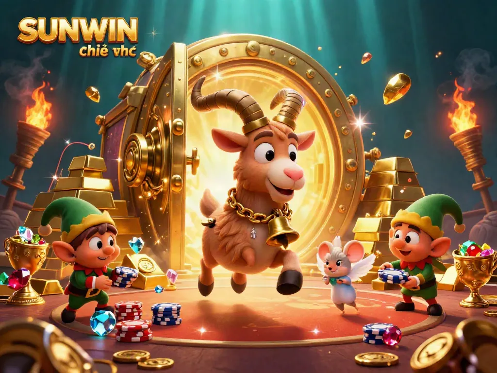 Experience the thrill of SUNWIN Chính thức with a bustling casino scene featuring festive characters and treasure.