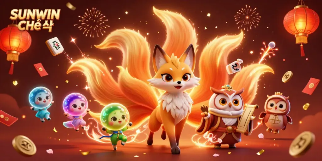 SUNWIN Chính thức showcases a vibrant scene with a nine-tailed fox spirit and wise owl among dynamic gambling elements, celebrating success.