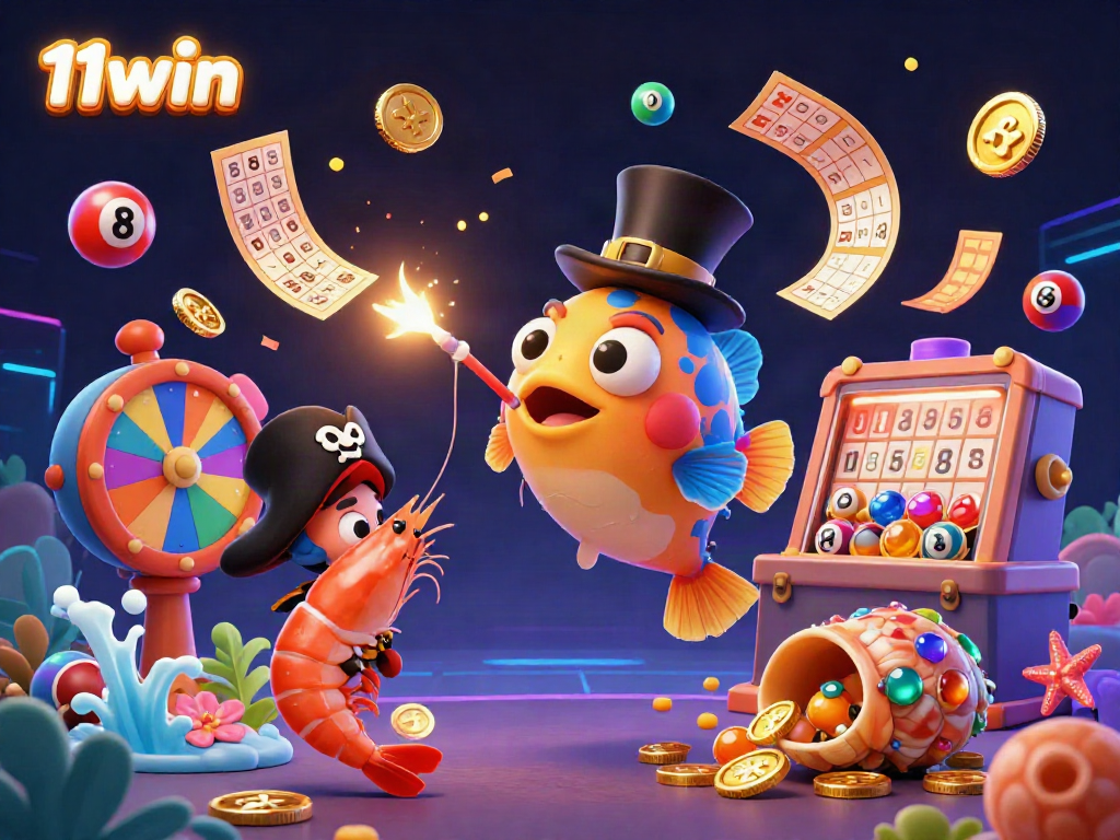 Experience the thrilling wins with 11win's captivating 3D casino illustration featuring lucky characters and vibrant gaming elements.