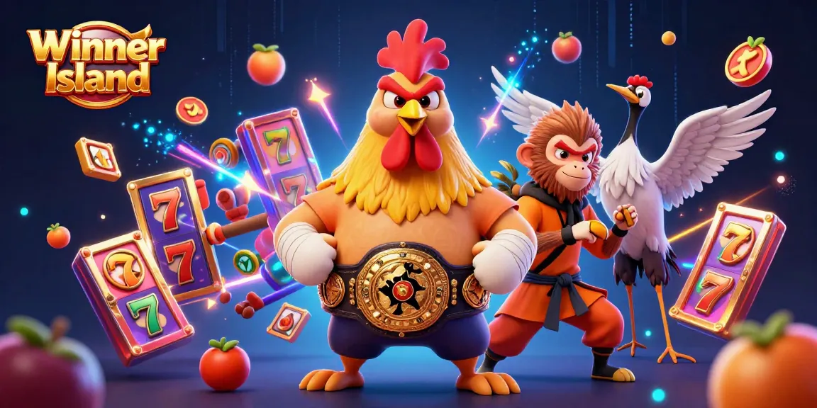 Experience the excitement of Winner Island with vibrant 3D characters and casino game elements showcasing gambling action.