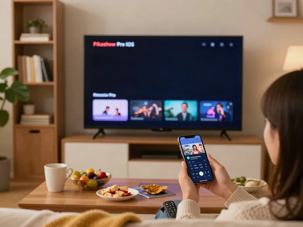 Pikashow Pro iOS streaming experience on an iPhone in a cozy living room.