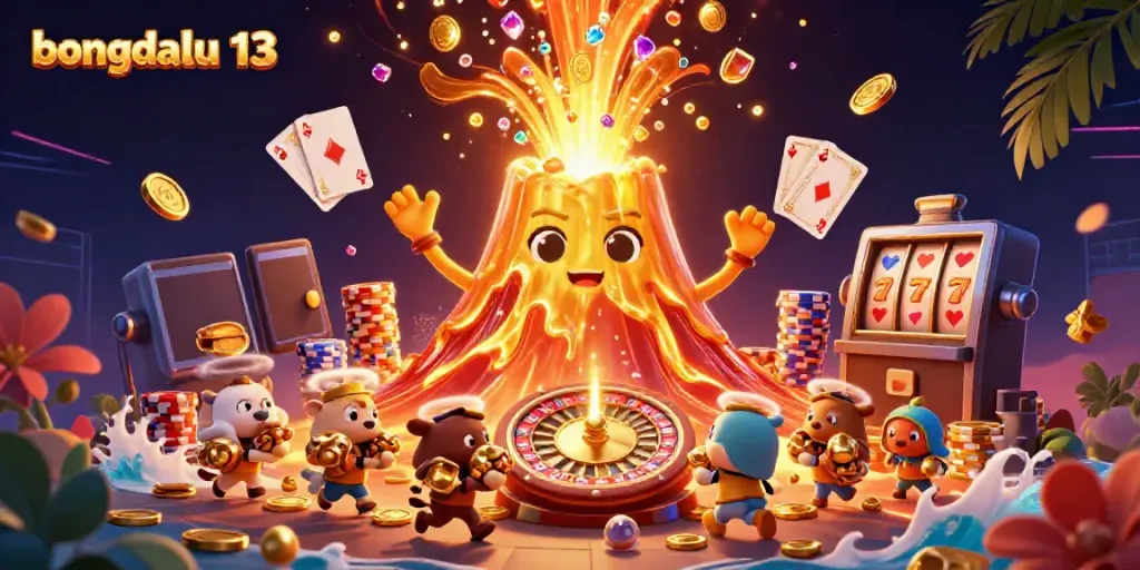 Bongdalu 13 brings an exciting scene of treasure in a whimsical volcano eruption amidst flying coins.