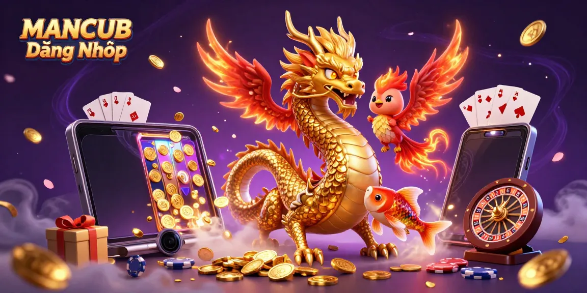 MANCUB Đăng Nhập celebrates the thrill of gaming with a powerful dragon and vibrant casino elements.