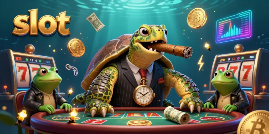 Experience the thrill of winning with slot games surrounded by cartoon characters in a vibrant casino scene.