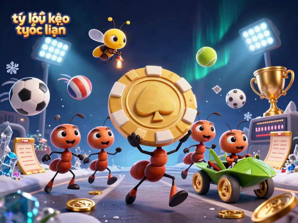 Experience the thrilling action of tỷ lệ kèo trực tuyến as a team of ants carry a giant poker chip through a vibrant casino scene.