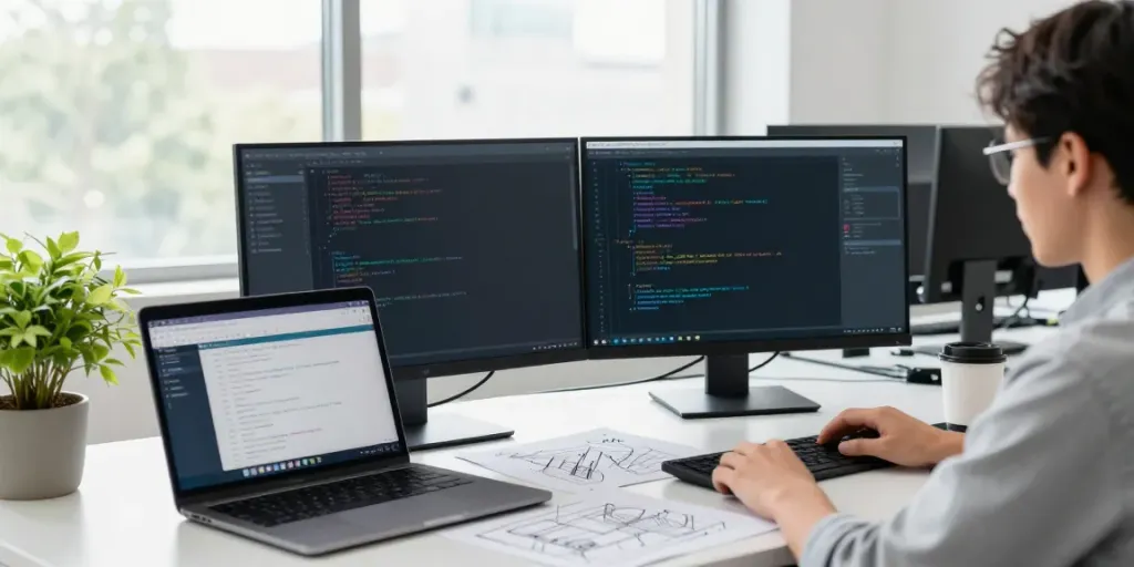 Developer engaging with OpenAI-compatible API for multiple models in a bright office environment.