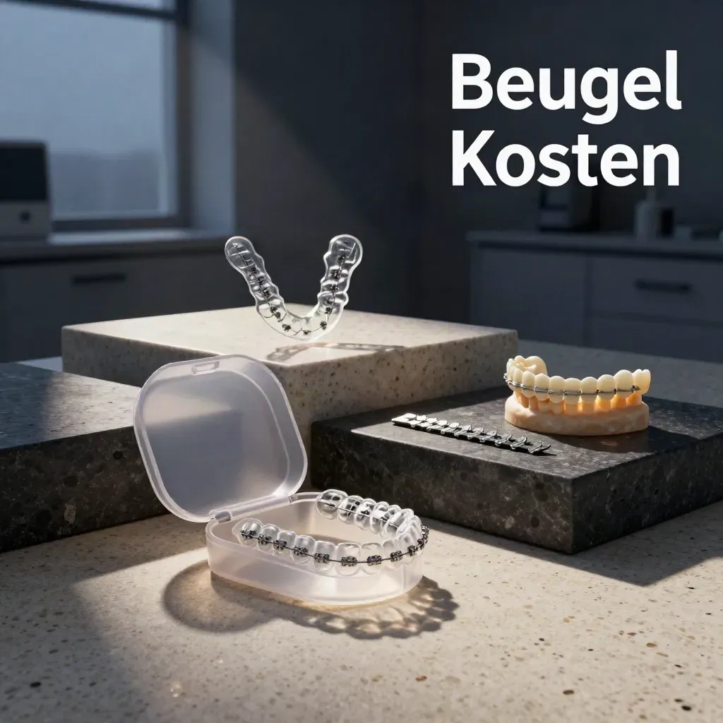 Beugeltrays, slotjes en retainercase op stenen zuilen in dramatisch blauw licht