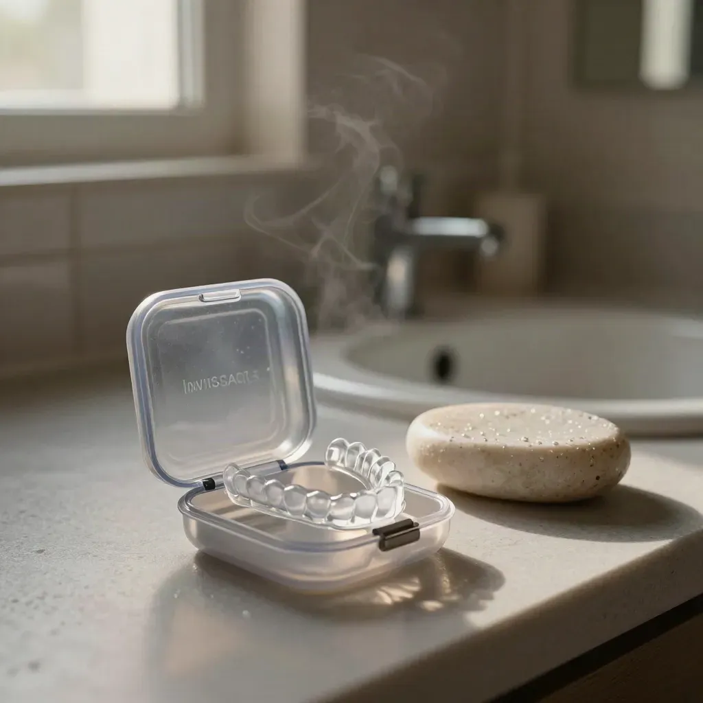 Invisalign-startset met alignerbakje en twee spalken op een wastafel, in warm badkamerlicht.