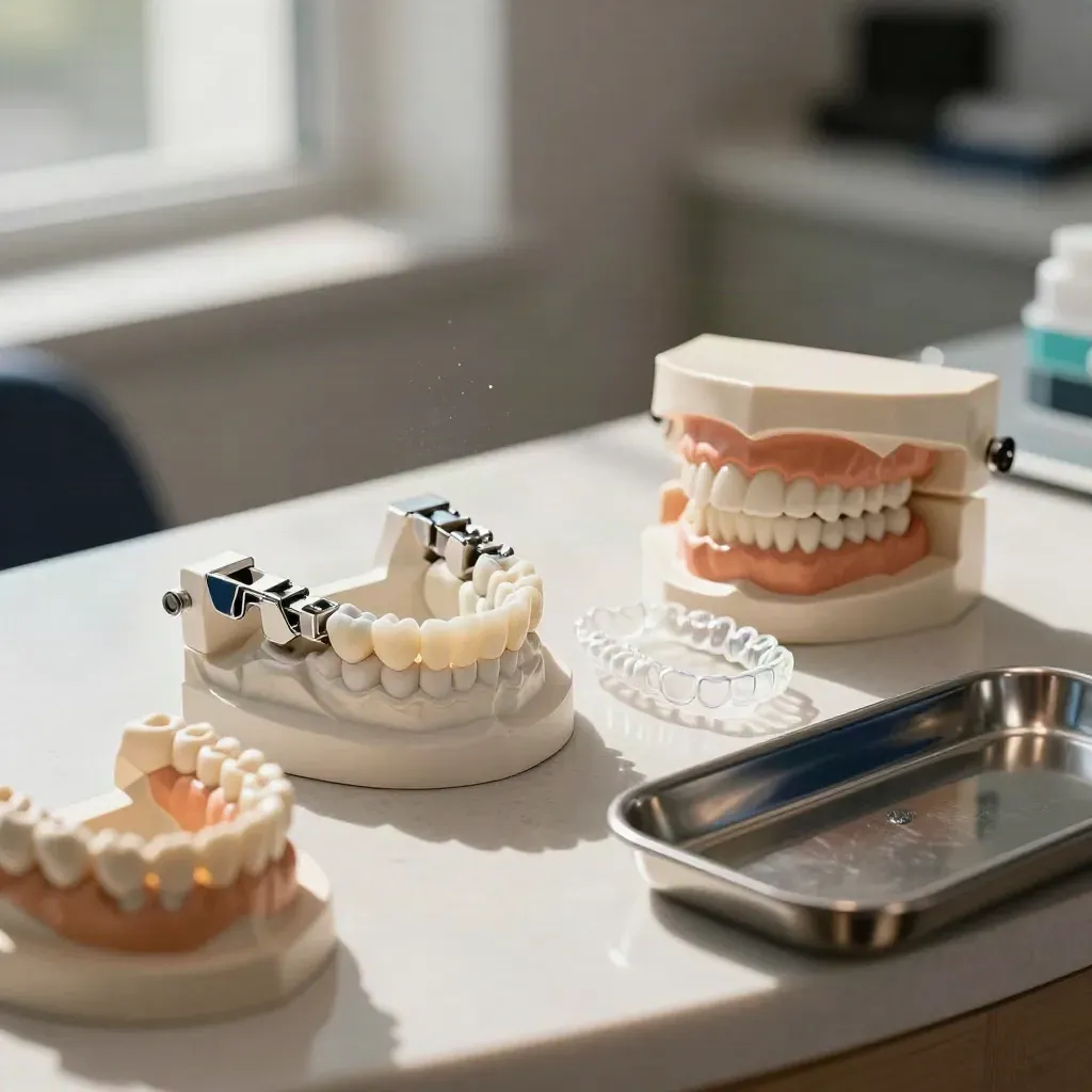 Beugelmodellen, aligners en bracketstrip op een kliniekbalie in zonlicht.