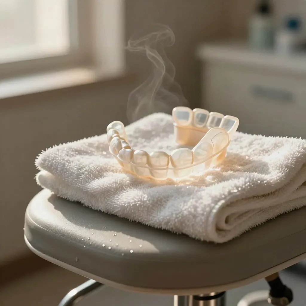 Bovenaanzicht van een schoongemaakte retainer, beugeldoosje en opgerolde handdoek op een kliniekkruk.