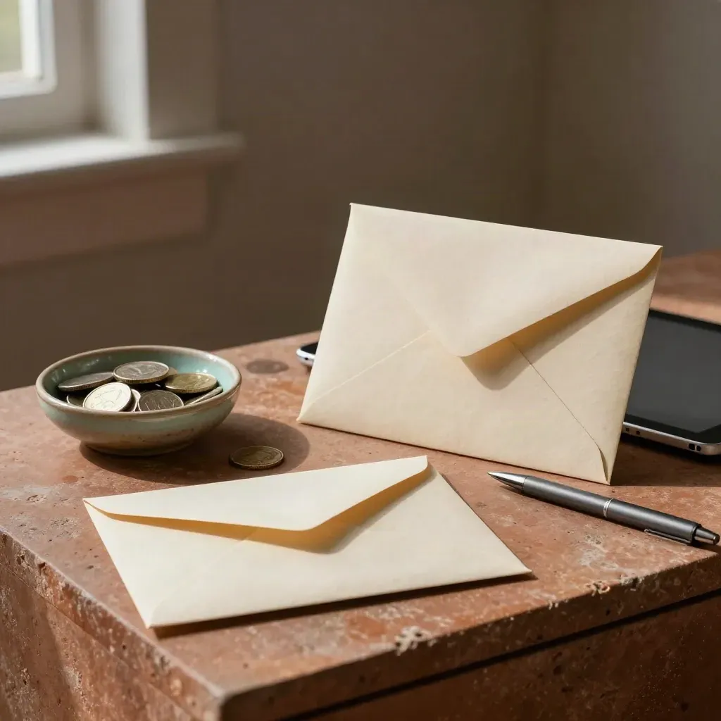 Drie enveloppen, een muntenschaaltje en een tablet op een rustige, warme stenen plank.