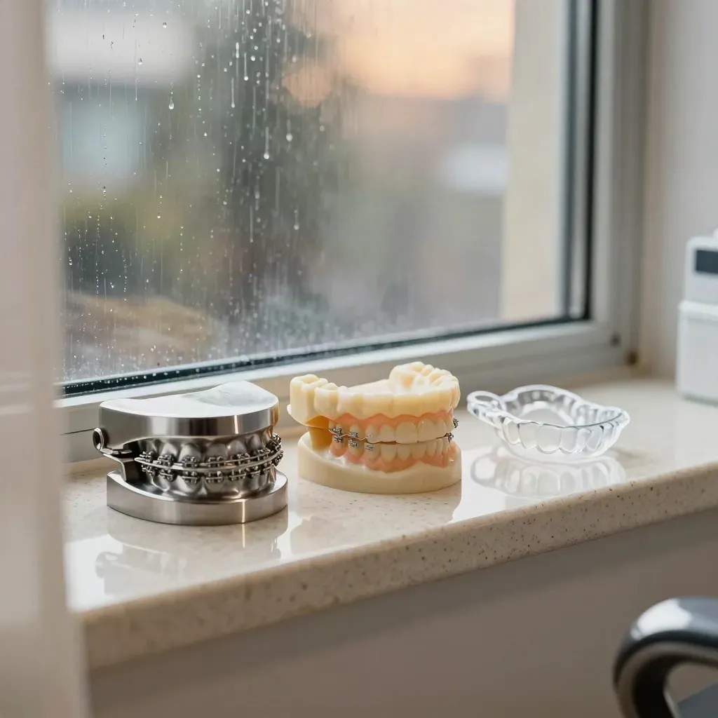 Drie beugelopties naast elkaar op een kliniekvensterbank in de regen.