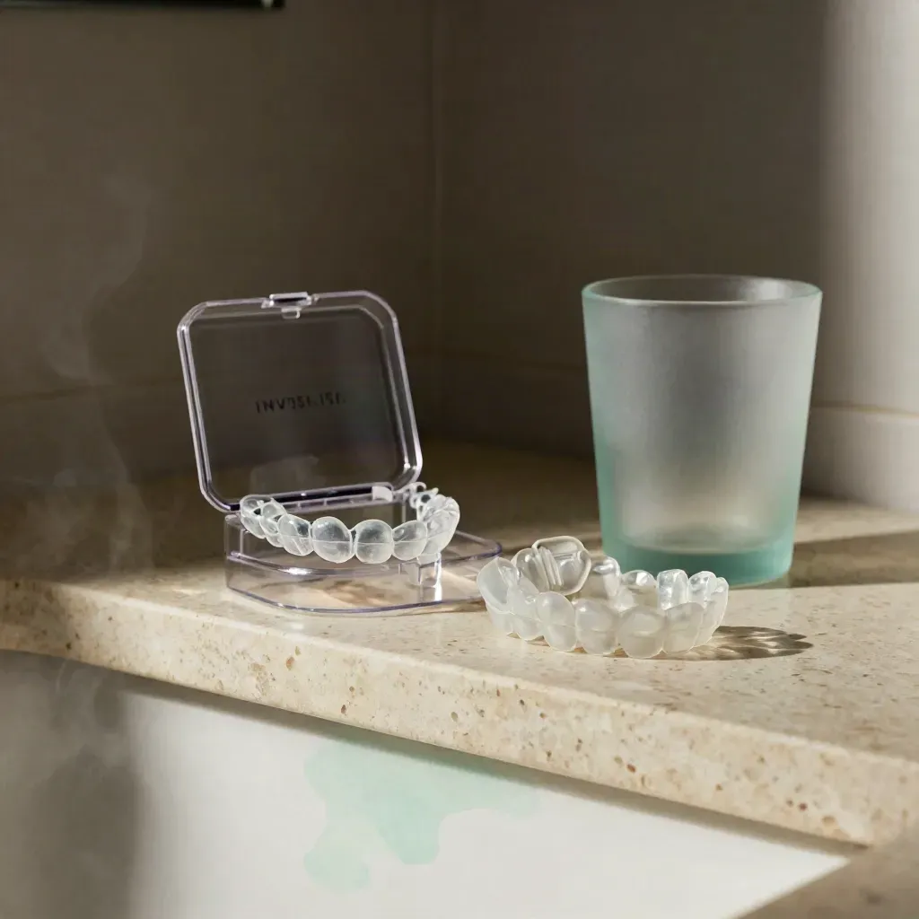 Invisalign-aligners, een helder doosje en frosted glas op een travertinen wastafelrand in stoom.