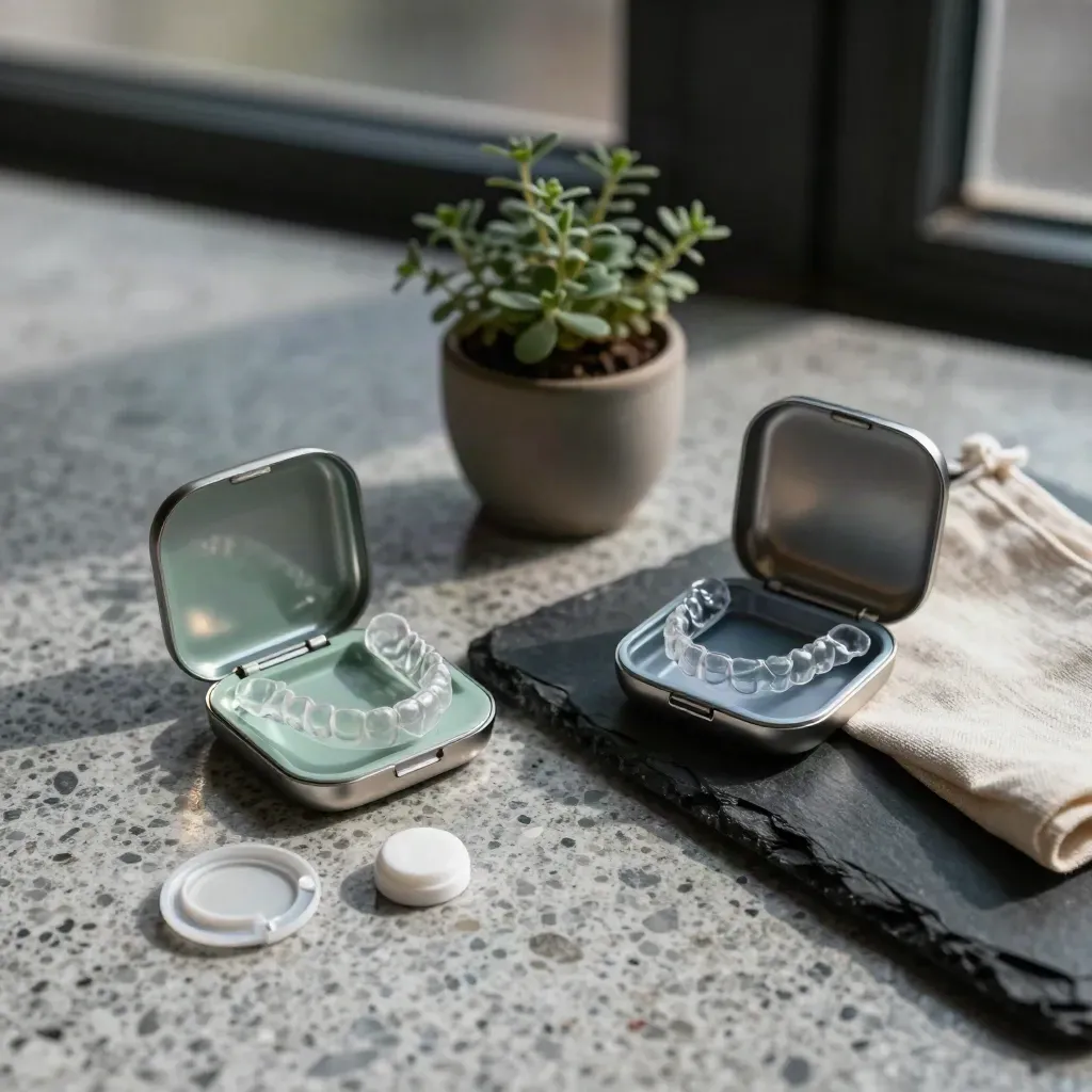 Twee orthodontie-kits op stenen oppervlakken met een klein plantje ertussen in warm raamlicht.