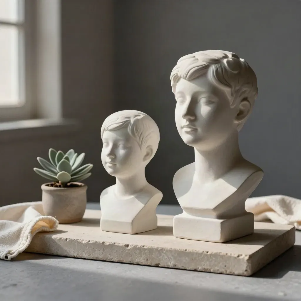 Twee orthodontische gebitsmodellen met plantje en gevouwen doek op een stenen plaat