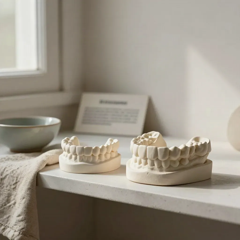 Orthodontische gipsmodellen van kind en volwassene op een smalle plank met doek en schaaltje.