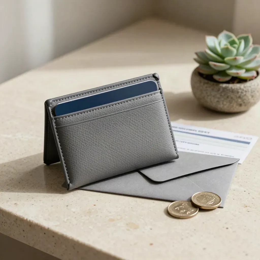 Halfopen verzekeringswallet, envelop, twee munten en vetplant op stenen blad met diepblauwe accenten.