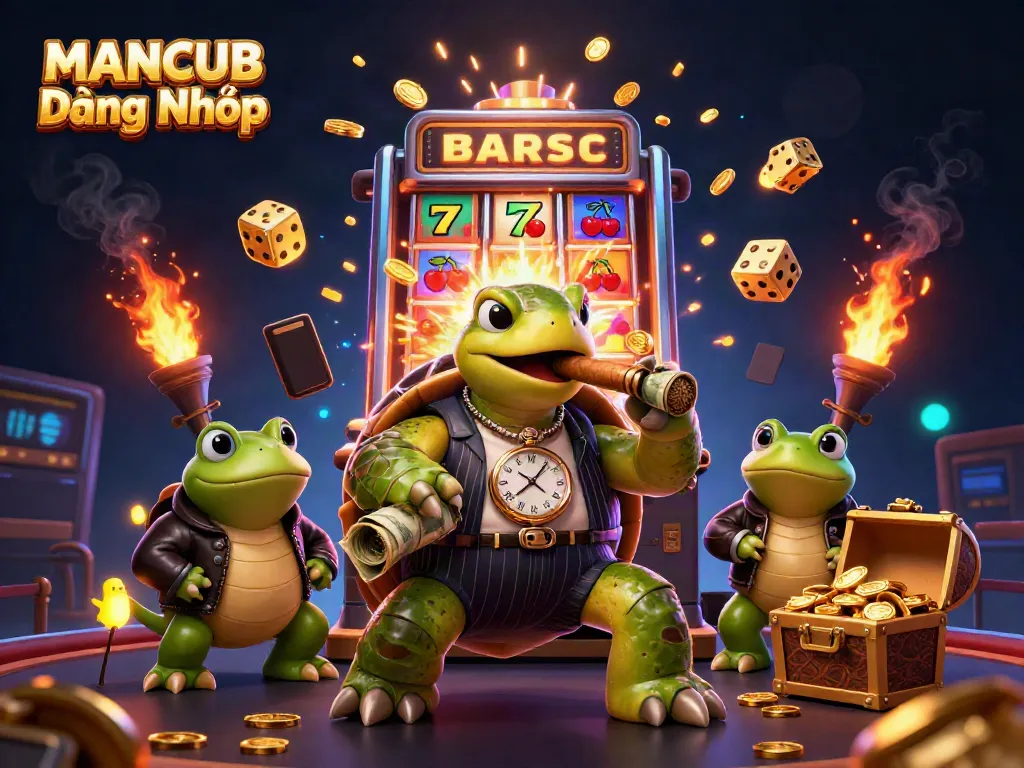 MANCUB Đăng Nhập features a festive casino scene with a turtle in a mobster suit and frogs, showcasing lively gaming elements.
