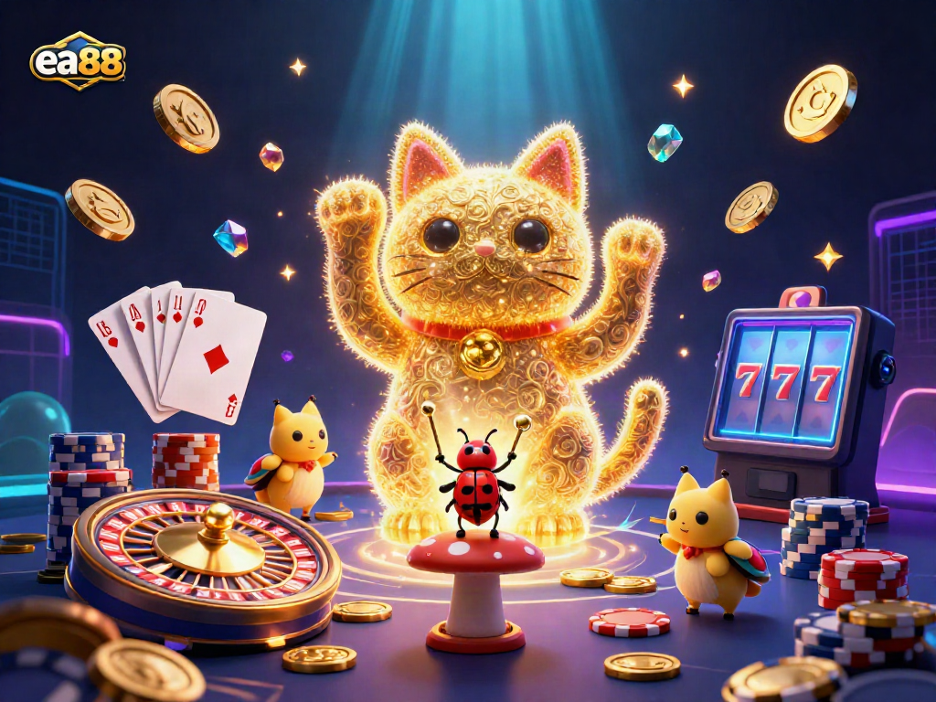 Experience the thrill of gaming with ea88’s vibrant 3D illustration of a lucky cat and casino elements.
