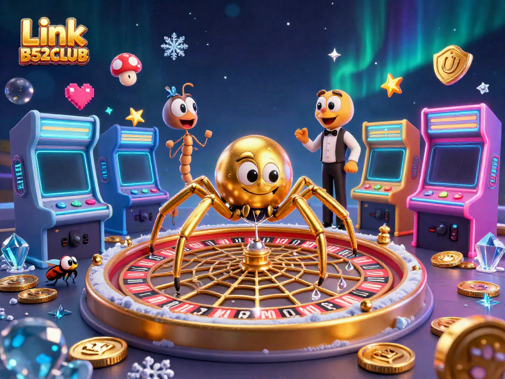 Engage in thrilling moments at Link B52CLUB's colorful casino illustration featuring a golden spider and vibrant game elements.