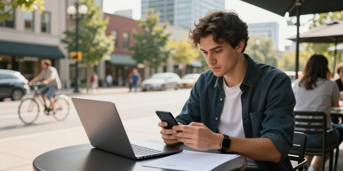 Young adult exploring Edmonton loans options while seated at an outdoor café amidst city life.