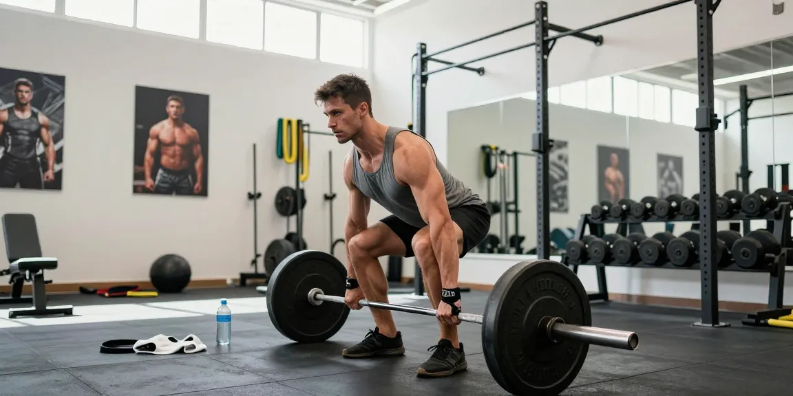 Prime Pharma Steroïden fitness training met een man die deadlifts uitvoert in een moderne gymomgeving.