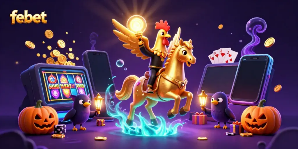 Experience thrilling gameplay at febet with a golden rooster mascot amid exciting casino elements.