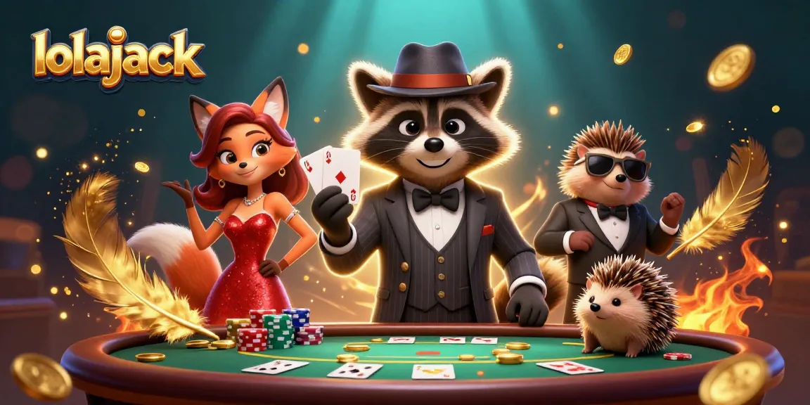 Experience excitement at lolajack Casino with a stylish raccoon, charming fox, and vibrant gaming elements.