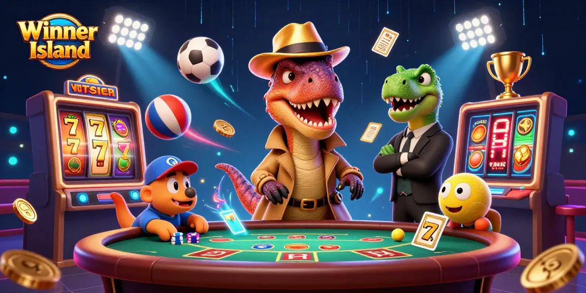 Winner Island brings a lively scene with a velociraptor counter, stegosaurus pit boss, and lively slot action.